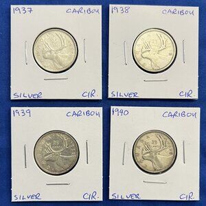 Brilliant Set of 1937, 1938, 1939 & 1940 Canada Silver 25¢ Quarters!